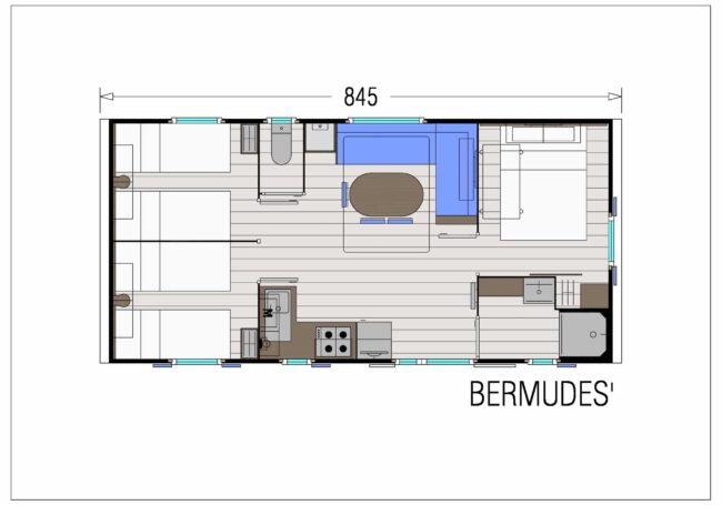 Le Mobil Home Bermudes Trio 3 chambres peut accueillir de 6 à 8 personnes. La chambre parentale est composé d'un lit 160x200 cm. La salle de bain est équipée d'une grande douche.