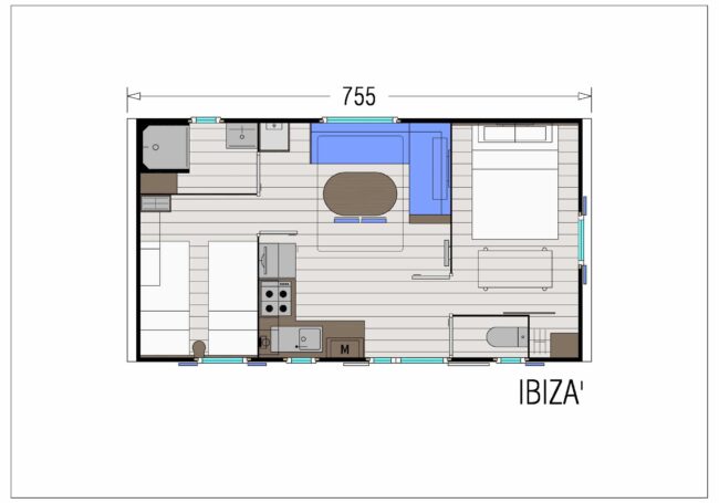 Le spacieux mobile home Ibiza 2 chambres peut accueillir de 4 à 6 personnes. La chambres parentale est composé d'un grand lit 160x200 cm à côté duquel peut être installé un lit bébé. La terrasse extérieure est couverte