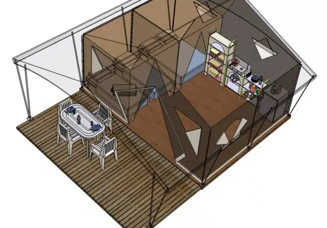 Plan de la tente lodge canada 5 personnes 2 chambres avec terrasse, coin cuisine, gaz et élétricité