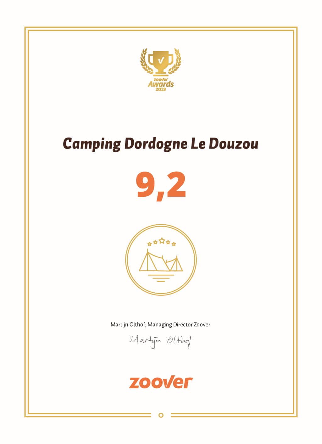 Le camping en dordogne le Douzou obtient en 2019 un zoover award gold